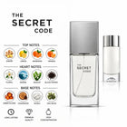 The Secret Code fragrance notes with ginger, citrus, floral, marine, black pepper, amber, cedarwood, musk and oak moss