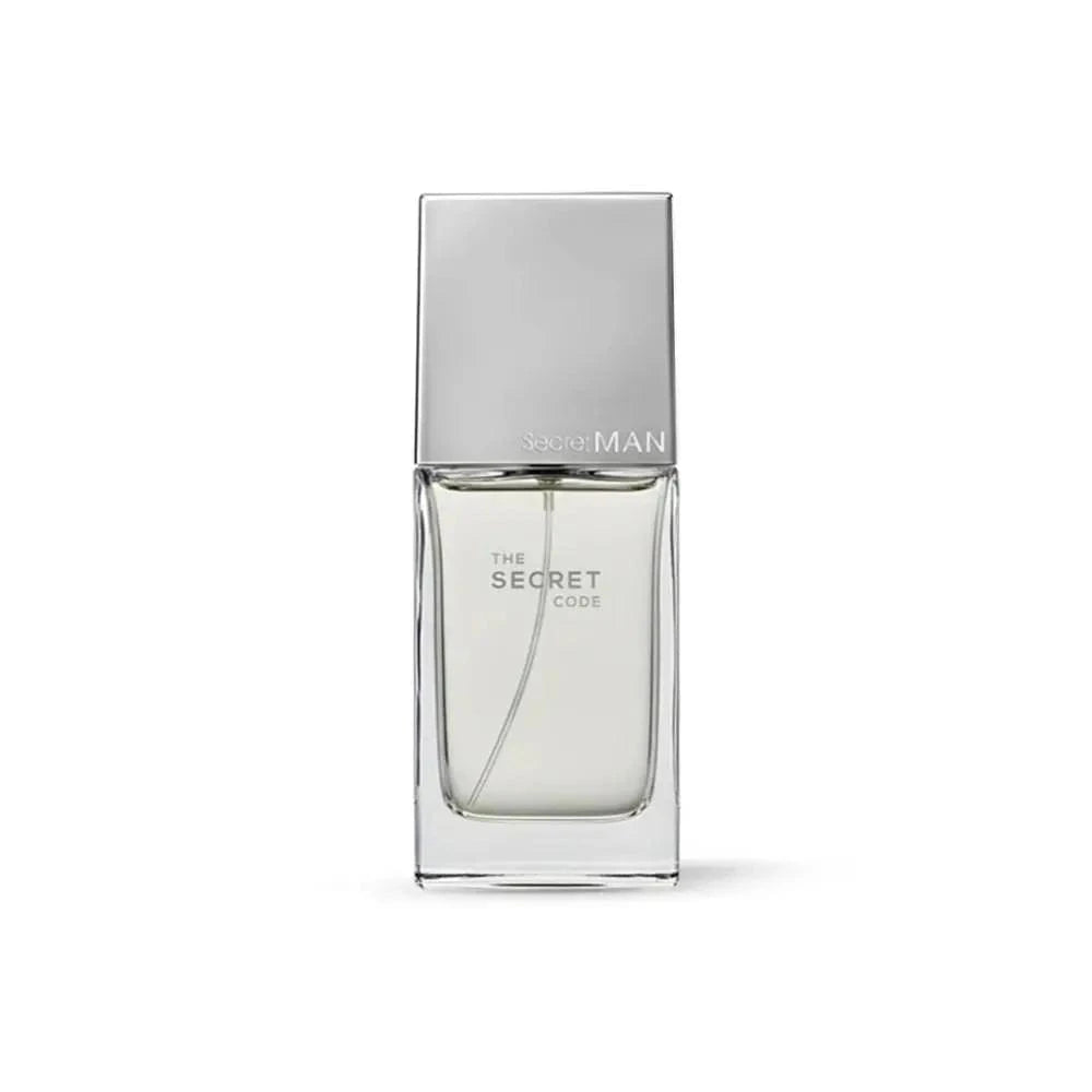 The Secret Code perfume in a clear rectangular glass bottle with silver cap on white background