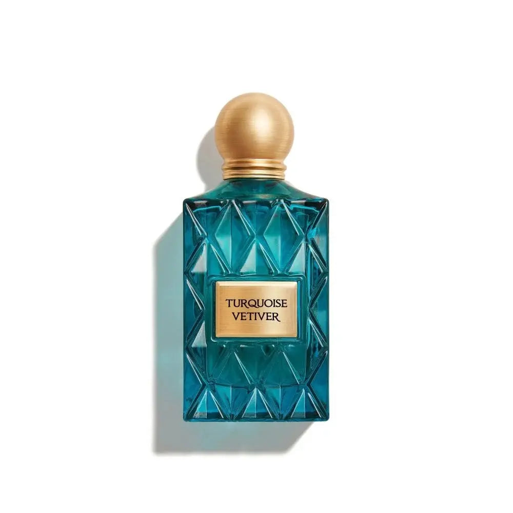 Turquoise Vetiver perfume with gold cap on a white background