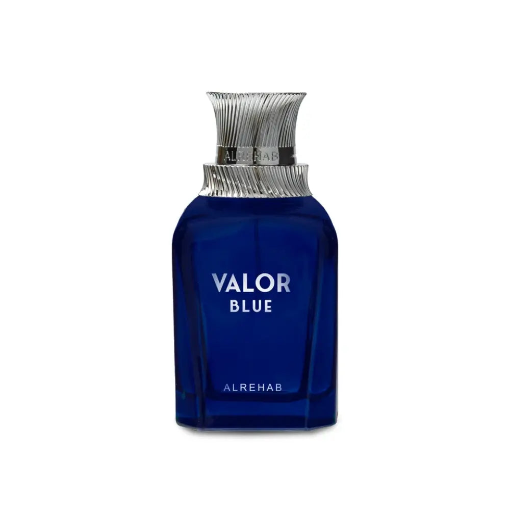 Valor Blue by ALREHAB blue perfume bottle on white background