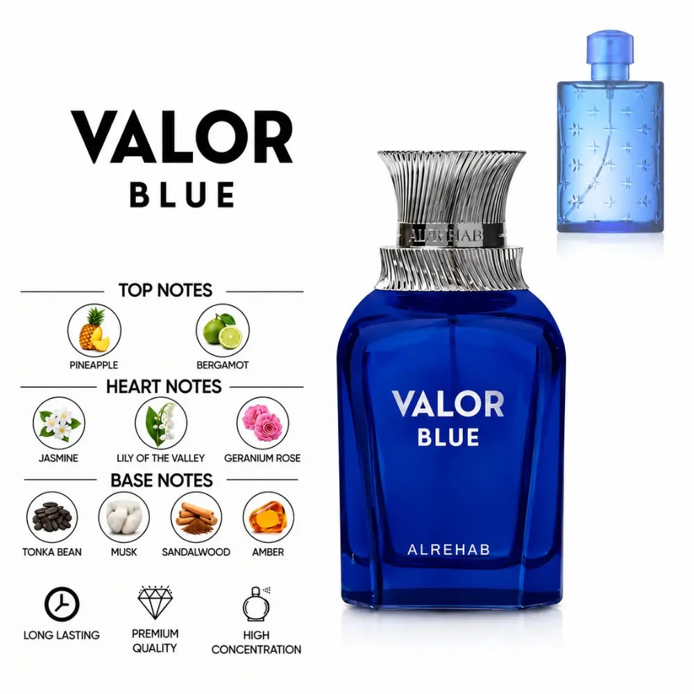 Valor Blue by ALREHAB with pineapple, bergamot, florals, tonka and amber