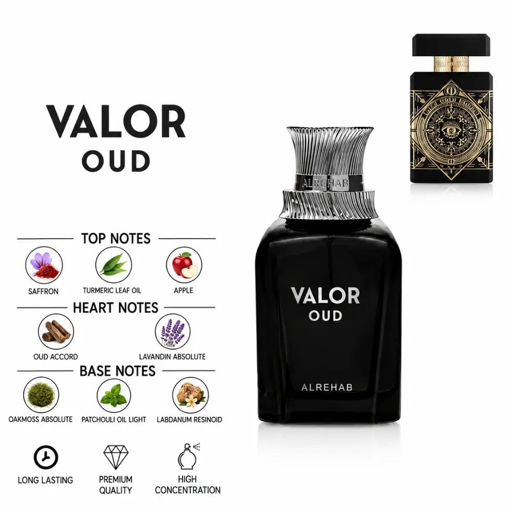 Valor Oud Perfume by ALREHAB with Saffron, Apple, Oud, Lavandin, Oakmoss, Patchouli and Labdanum Notes